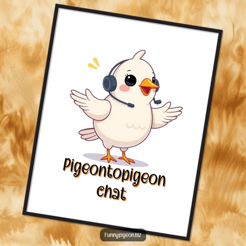 Funny Free Printable Wall Art: A plump pigeon wearing a tiny headset gestures excitedly on a video conference call.