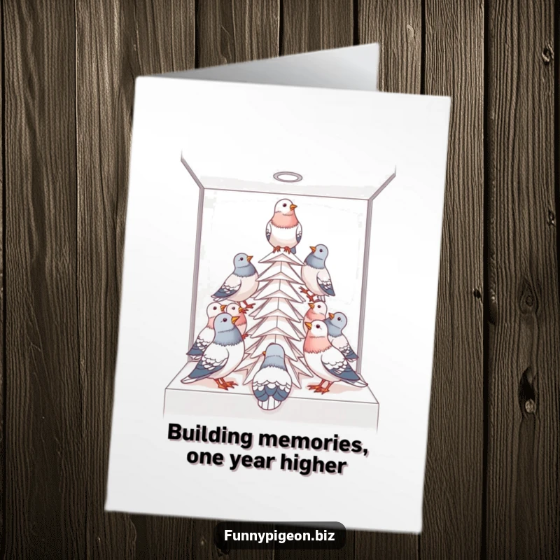 Funny Free Printable Birthday Card: Pigeons building a paper tower in a cubicle, celebrating teamwork, a hilarious office gift.