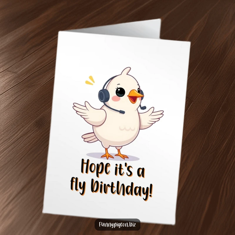 Funny Free Printable Birthday Card: Plump pigeon in headset gestures wildly during a video conference.
