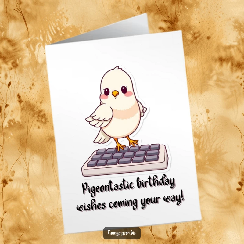 Funny free printable birthday card: A pleased pigeon masterfully balances on a computer keyboard, ready to type some birthday wishes.
