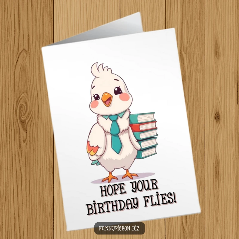 Funny free printable birthday card showing a fluffy pigeon in a tie struggling with office files, celebrating a birthday.