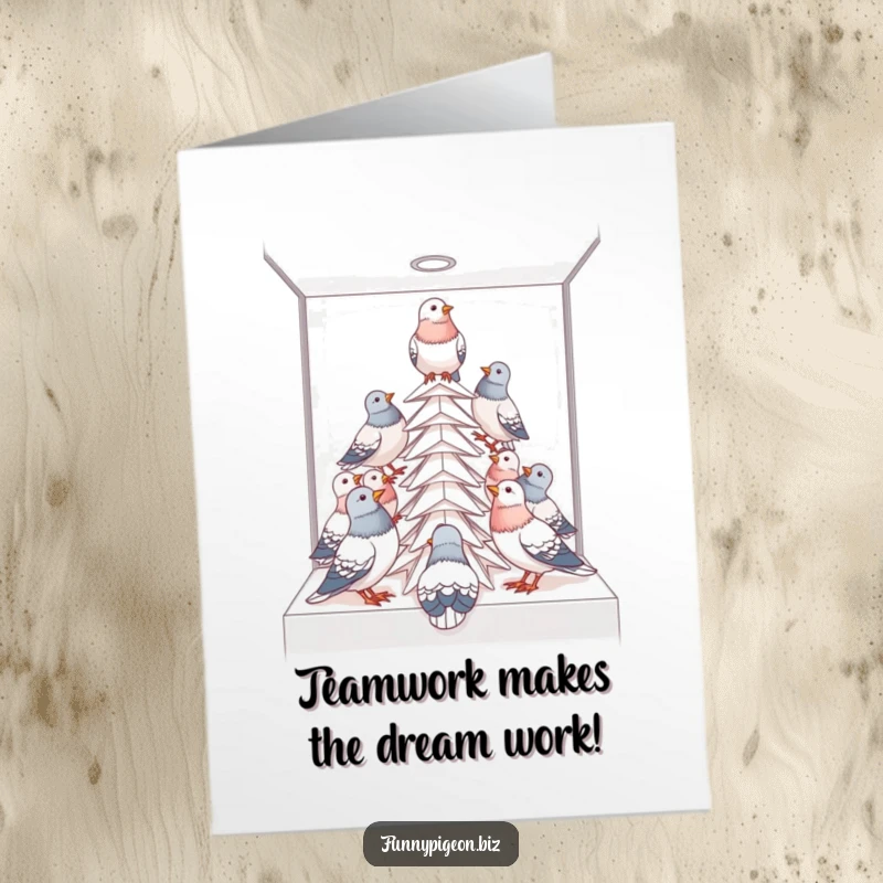 Funny Free Printable Congratulations Card: Pigeons in a cubicle building a paper tower, celebrating a successful project, downloadable art.