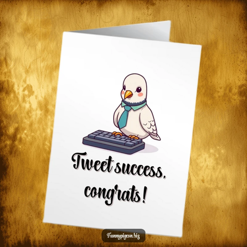 Funny Free Printable Congrats Card: A pigeon in a tiny tie awkwardly types on a computer keyboard.