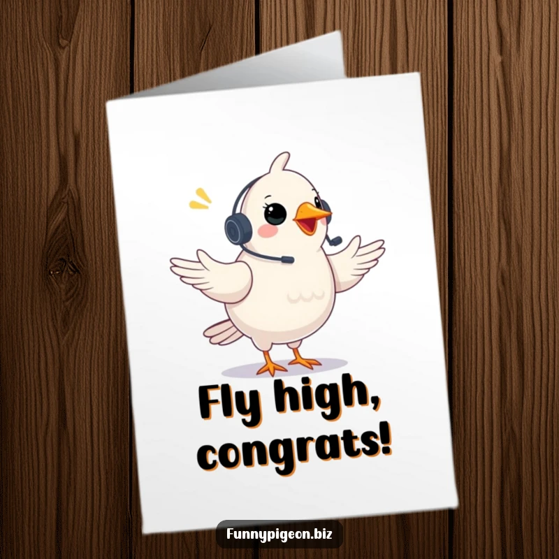 Funny Free Printable Congrats Card: Excited pigeon with a headset gestures enthusiastically during a video conference.