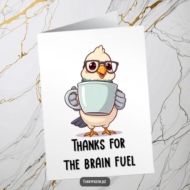 Funny Free Printable Thank You Card: Pigeon with glasses holding a large coffee mug, wobbling with thanks, a downloadable gift.
