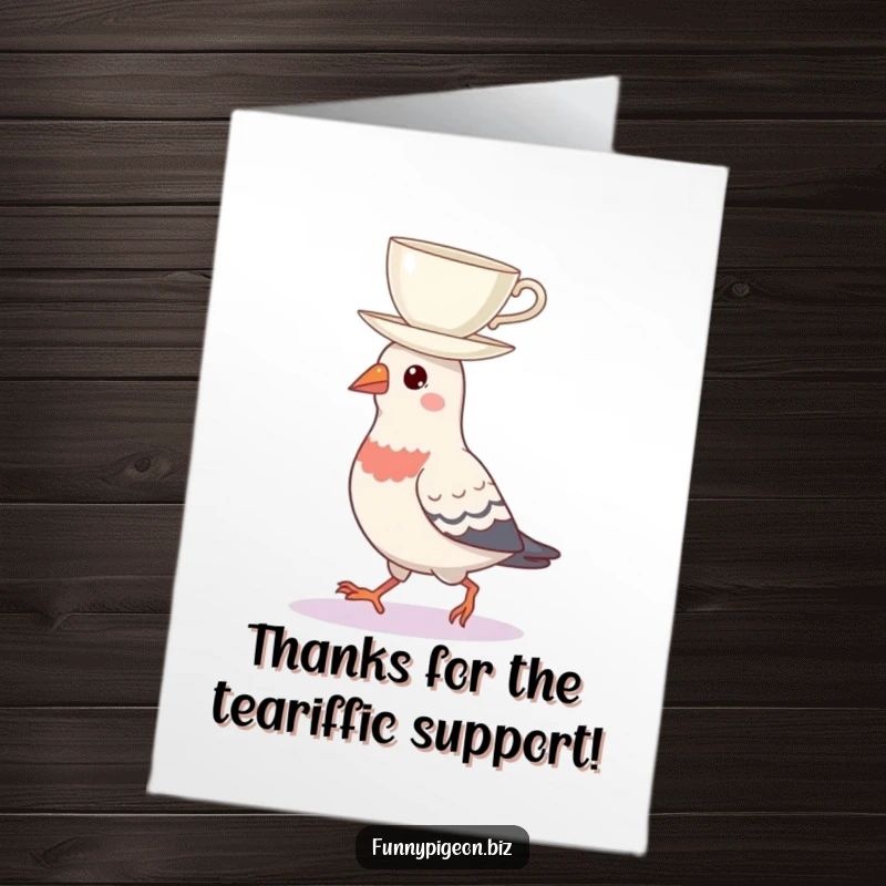 Funny Free Printable Thank You Card featuring a pigeon balancing a teacup on its head, a symbol of refined thanks.