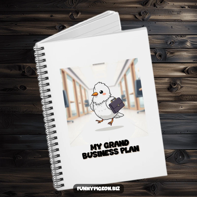Funny pigeon business notebook featuring a fluffy bird with a briefcase, ready to take notes, ideal for work or school.