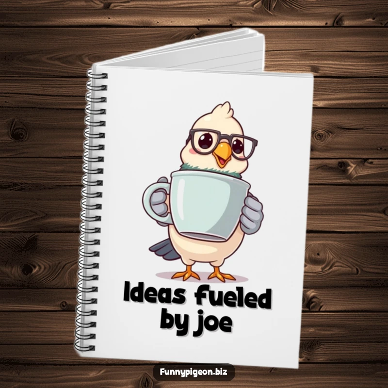 Funny pigeon coffee log notebook featuring a spectacled bird wobbling with a coffee mug, ideal for notes and plans.