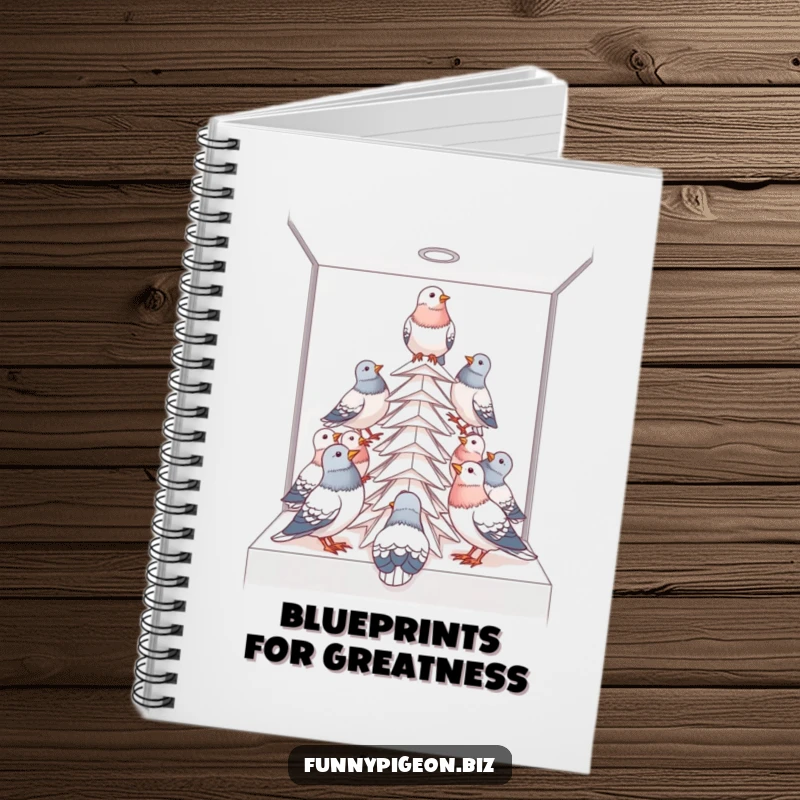 Funny pigeon project notebook featuring birds building a paper tower in a cubicle, perfect for notes and plans.