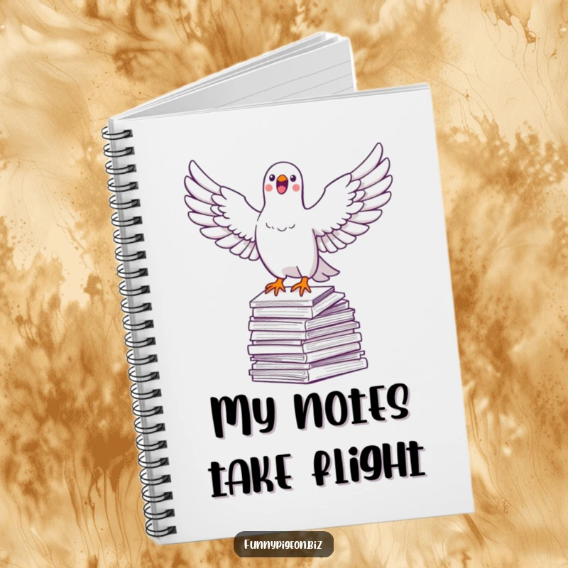 Funny pigeon notebook featuring a soaring pigeon above papers, ideal for jotting down thoughts with a touch of humorous escape.