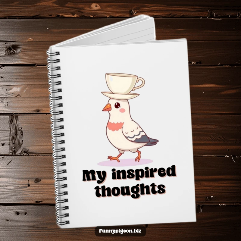 A pigeon balancing a teacup on its head, featured on the cover of a funny notebook for jotting down thoughts with urban charm.