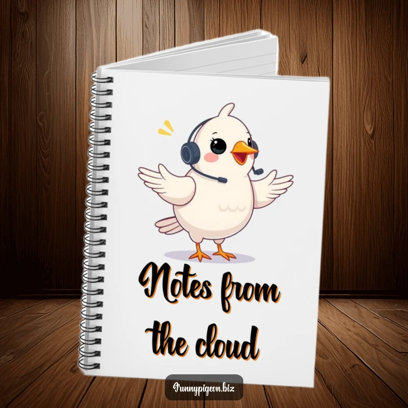 Funny Pigeon Notebook: A plump pigeon with a headset gestures excitedly in a video conference, perfect for notes with a virtual theme.