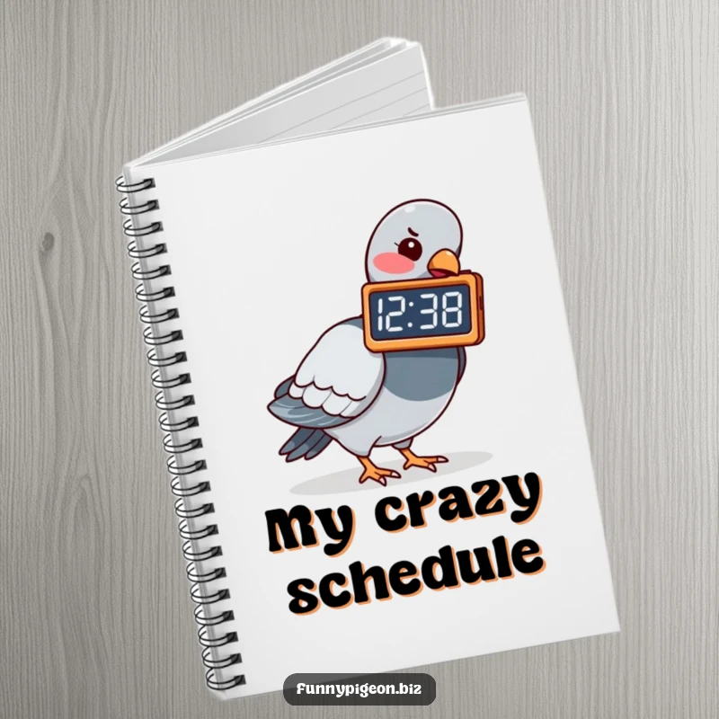 A pigeon pecking at a digital clock showing a funny time, featured on the cover of a humorous notebook for jotting down ideas.