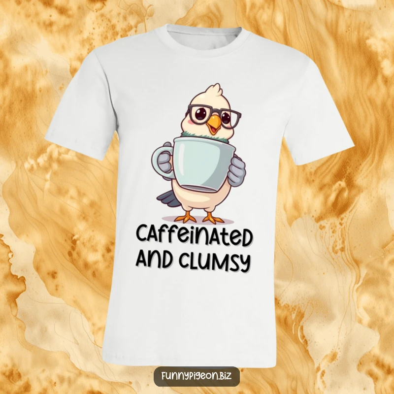 Funny pigeon coffee addict t-shirt depicting a bird in glasses wobbling with a huge mug, perfect for caffeine fans.