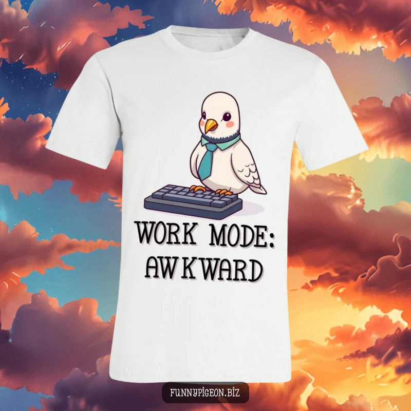 Funny Pigeon T-Shirt: A tiny pigeon wearing a tiny office tie awkwardly pecks at a computer keyboard, a humorous office worker design.