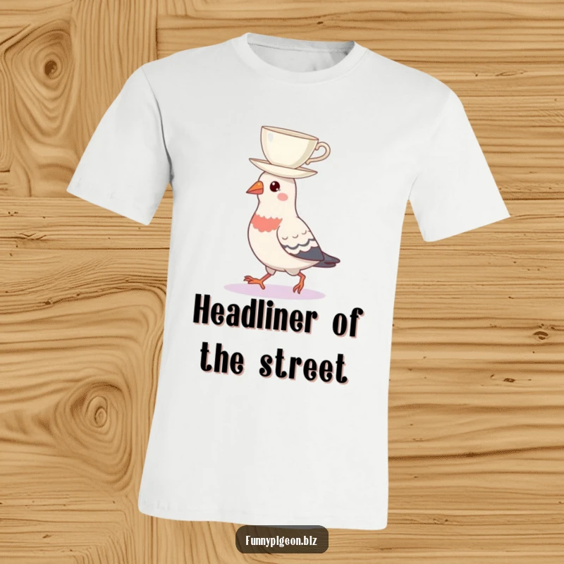 A humorous t-shirt featuring a pigeon elegantly balancing a teacup on its head while strutting, embodying urban cool.