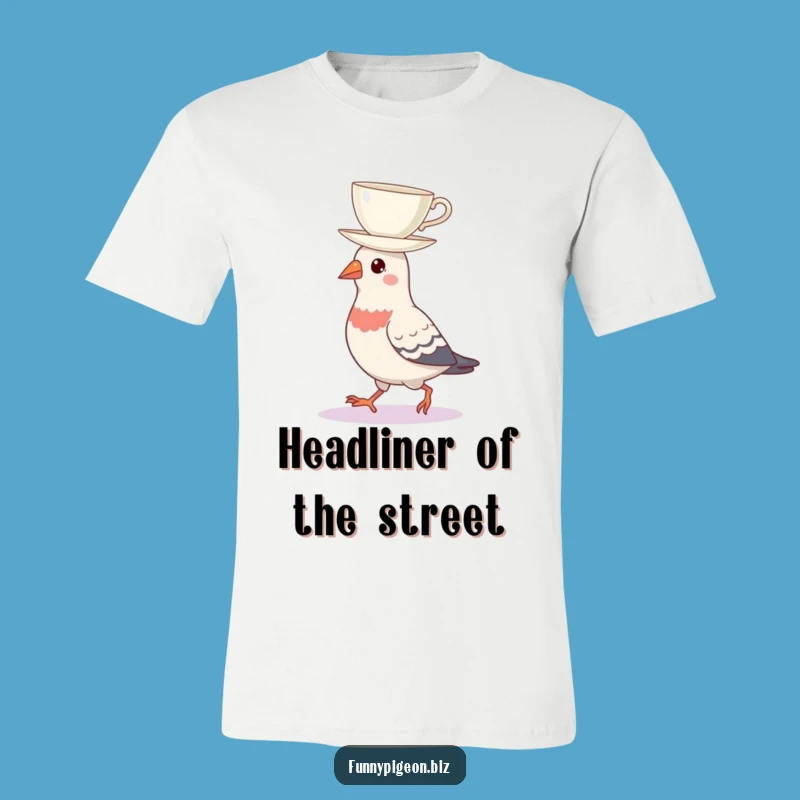 Funny Pigeon Teacup Balance T-Shirt - Quirky Urban Bird Apparel