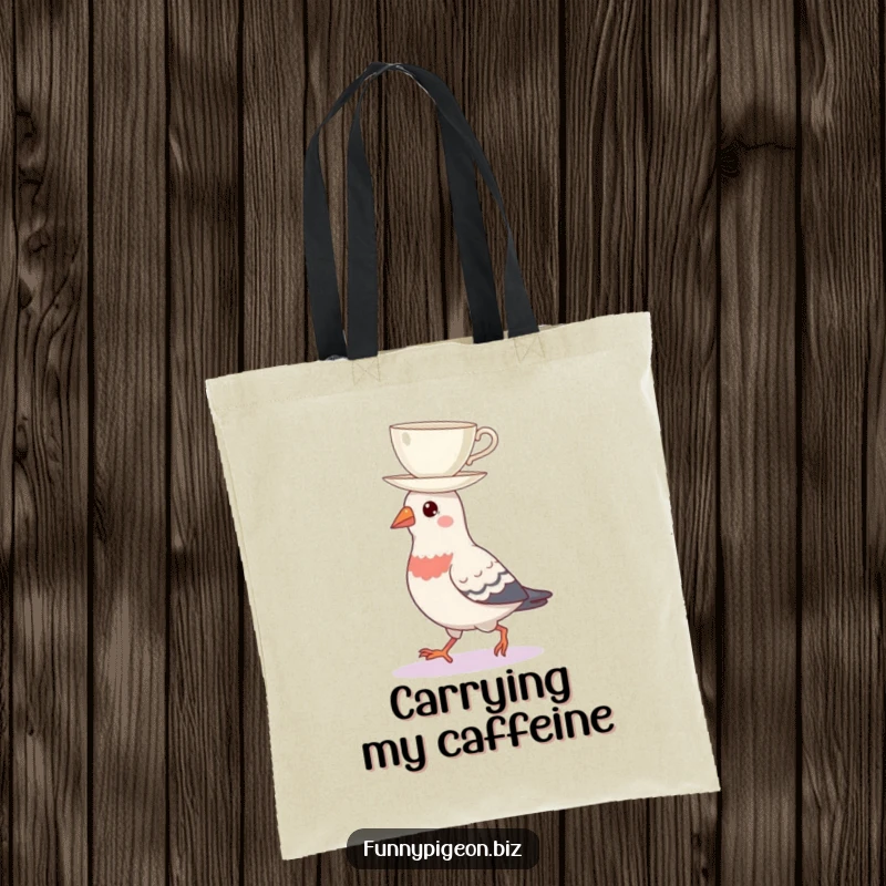 Durable tote bag featuring a pigeon precariously balancing a teacup on its head, ideal for stylish and humorous carrying of essentials.