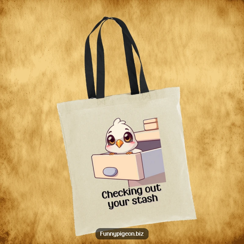 Funny pigeon tote bag showing a pigeon with big, curious eyes peering into an open office drawer, a great carry-all.