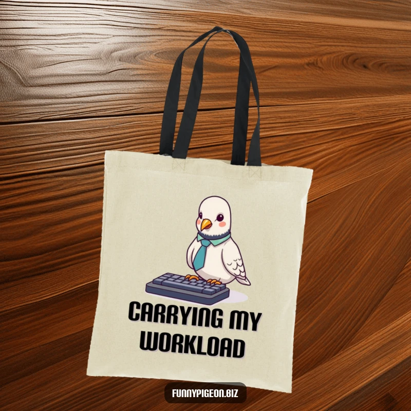 Funny Pigeon Tote Bag: A tiny pigeon in an office tie awkwardly pecks at a computer keyboard, a humorous and practical carry-all.