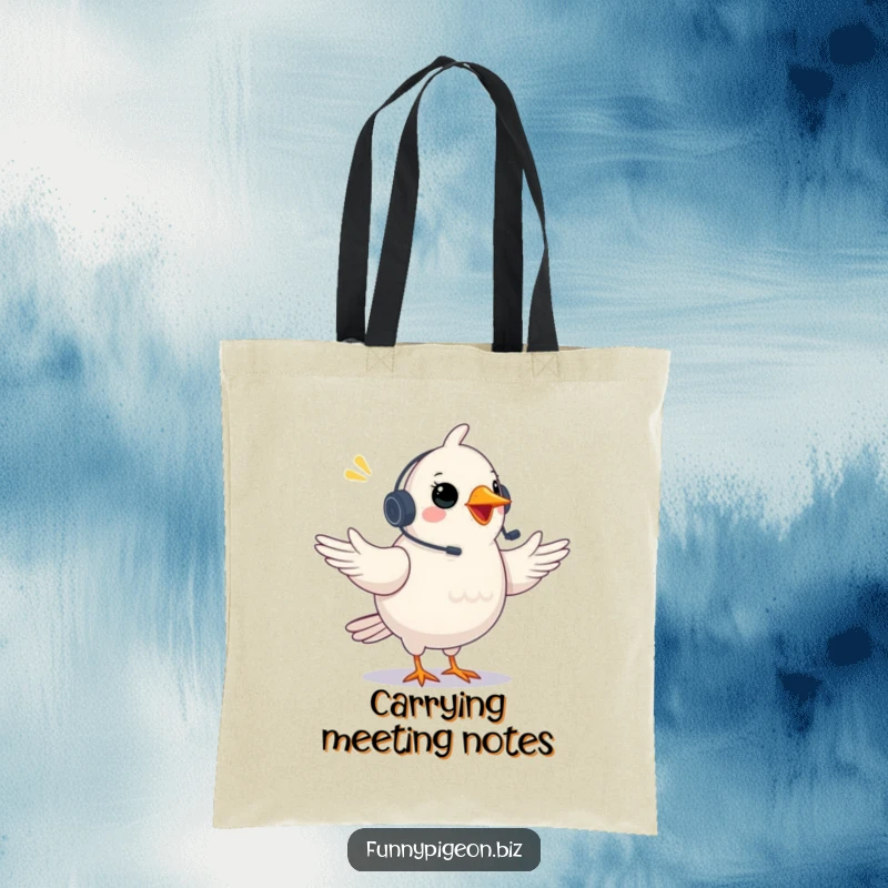 Funny Pigeon Tote Bag: A plump pigeon with a headset gestures excitedly in a video conference, a humorous and practical carry-all.